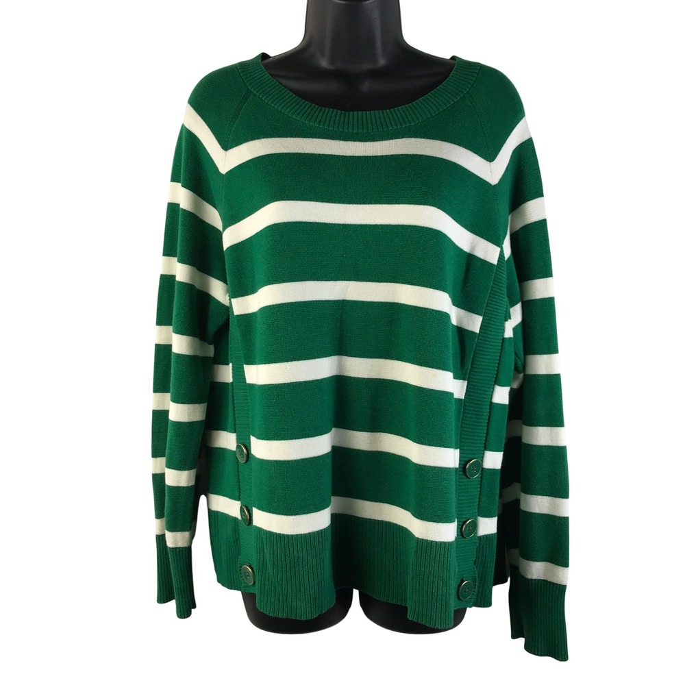 Talbots Green White Striped Side Button Cotton Blend Sweater Womens Large Preppy - Picture 2 of 16